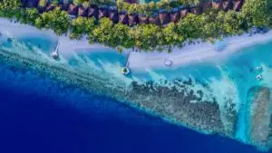 Luftaufnahme von Lily Beach: Türkisblaues Wasser trifft auf weißen Sandstrand, gesäumt von Palmen und Bungalows mit braunen Dächern.