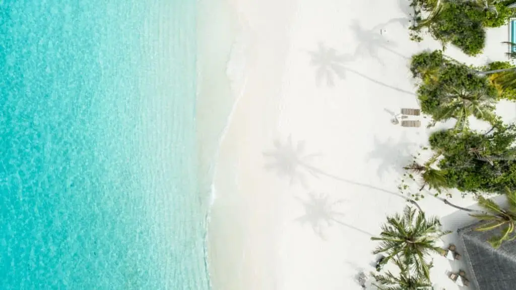 Luftaufnahme eines tropischen Strandes mit türkisfarbenem Wasser, weißem Sand, Palmen und zwei Liegestühlen. Ideal für Blogbeiträge zu EINREISEBESTIMMUNGEN.