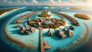 Luftaufnahme des Baccarat Hotel Malediven Luxusresorts. Türkisblaues Wasser umgibt die Inseln mit den luxuriösen Wasserbungalows und Villen.