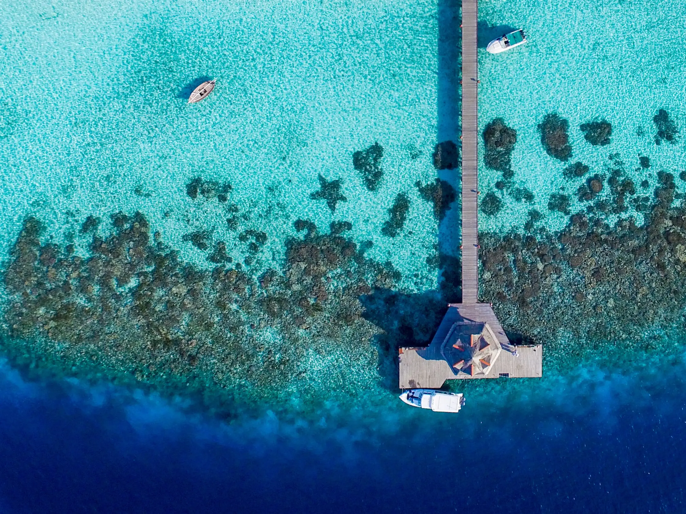 Luftaufnahme des Banyan Tree Vabbinfaru: Türkisfarbenes Wasser, ein langer Holzsteg, der zu einer Plattform mit Booten führt. Korallenriffe sind im klaren Wasser sichtbar.