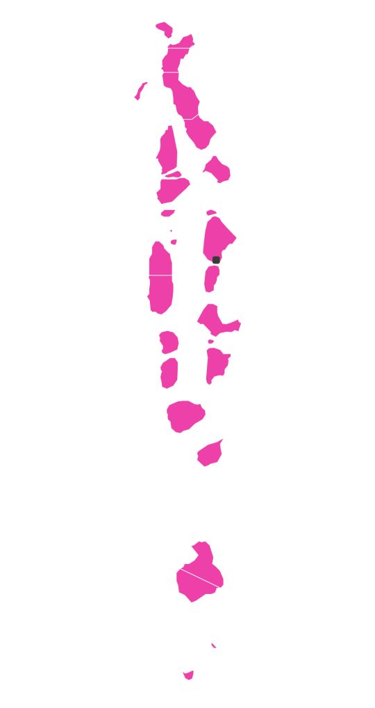 Karte der Malediven Atolle in Pink vor grünem Hintergrund. Die Atolle der Malediven sind detailliert dargestellt.